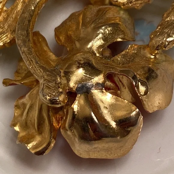 Vintage Made in Austria enamel rhinestone red flower brooch- 2 1/2” x 1 1/2” - Picture 7 of 11